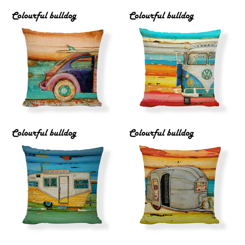 

Creative Painted Car Cushion Cover Set Of 4 Bus Camper Car Pattern Throw Pillowcase Home Sofa Chair School Dorm Bed Decoration