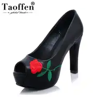 TAOFFEN Women New Fashion Pumps Flowers Platform High Heel Shoes Women's Open Toe Office Lady Party Wedding Footwear Size 32-42