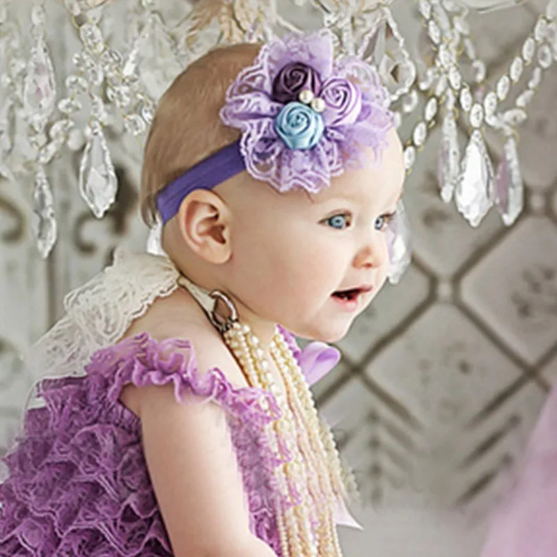 Newborn Flower Hair Accessories Kids Girls Pearl Rose Flower Elastic