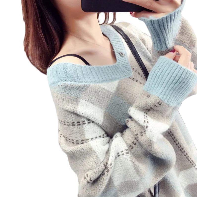 Осенне-зимний корейский Клетчатый свитер для женщин, повседневные теплые свитера с v-образным вырезом, женские свободные мягкие Пуловеры, трикотажная куртка F731