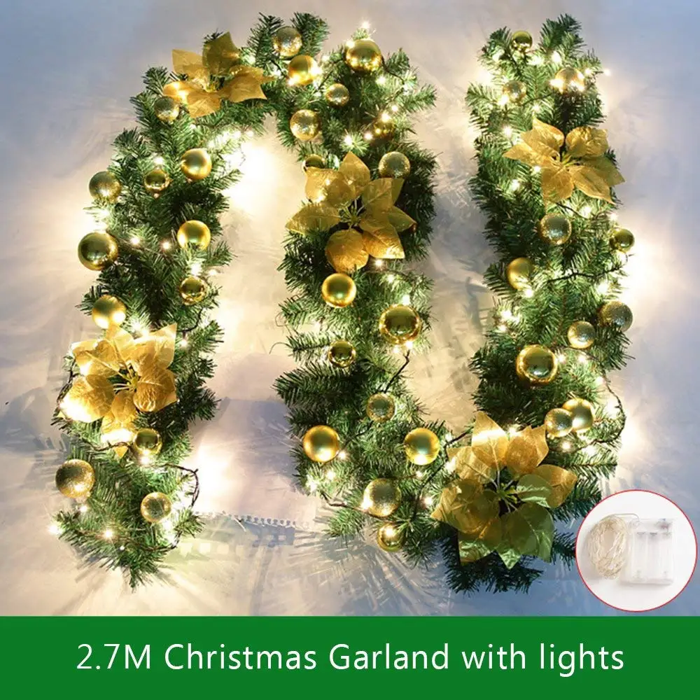 2,7 м декорированная гирлянда с подсветкой, Рождественское украшение, Рождественская гирлянда для камина, лестницы, безделушки, цветы, Рождество, тре