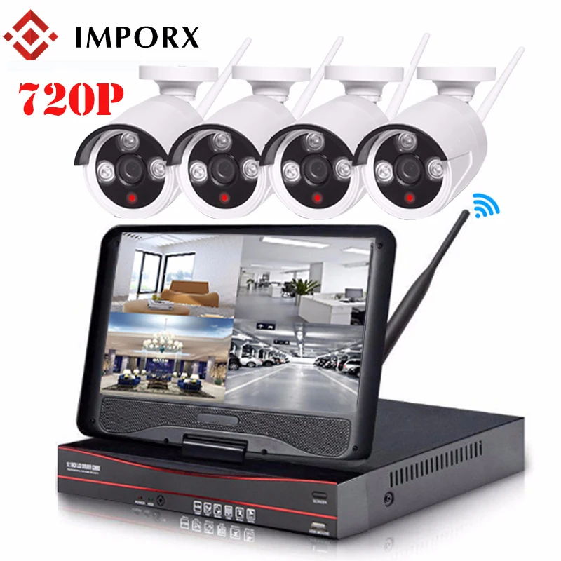 

IMPORX 4CH 720P Wireless NVR Kit 10" LCD Monitor Screen P2P CCTV System 1.0MP Wifi IP Camera Outdoor Security Surveillance Kit