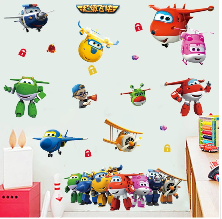

3D cartoon Super Wings Deformation Airplane Robot Wall Stickers Kids Home Decoration Anime Posters Wall Decal Paper