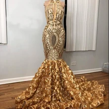 Реальный образец золотые платья на выпускной длинные Потрясающие Высокий вырез, открытая спина блесток Топ 3D Цветы Русалка платье для выпускного вечера