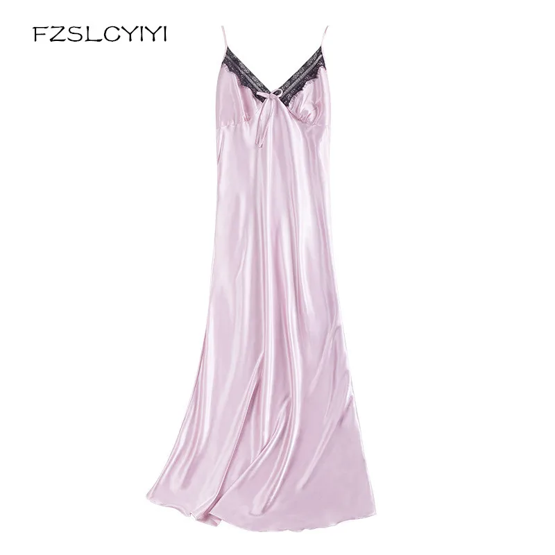 

FZSLCYIYI Long Nightdress For Women Spaghetti Straps Nightgown Satin Sleepwear Ladies Sexy Lace Fringe Dress Nightie Homewear