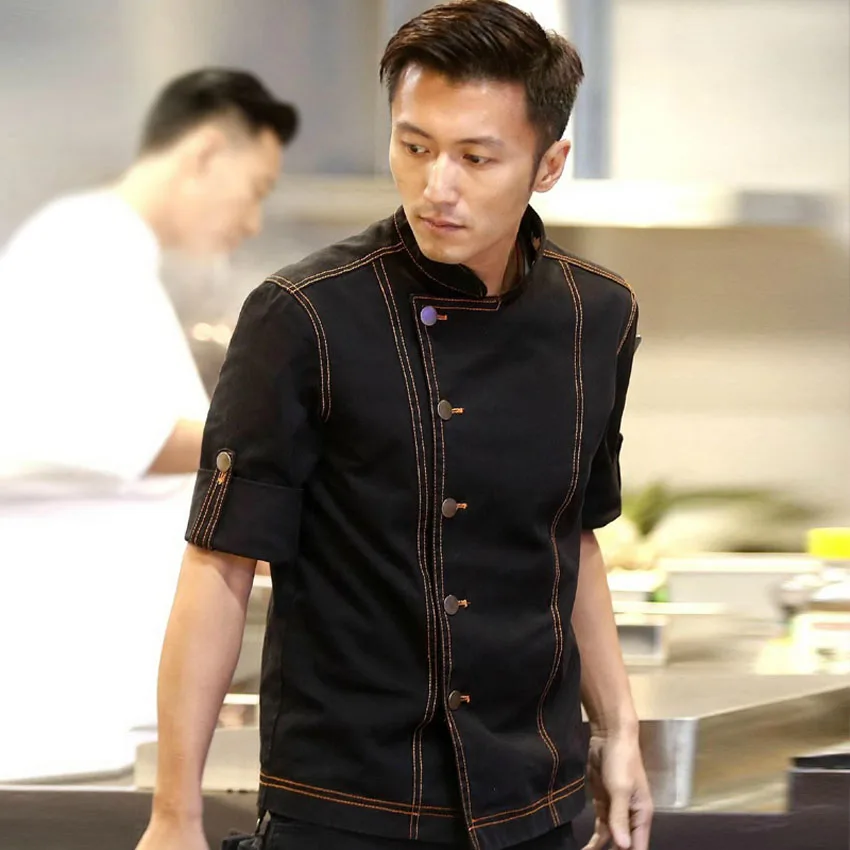 

Men Denim Cotton Short&full Sleeve Chef Tops Uniform with Apron Set Oil Proof Food Service Kitchen Restaurant Cook Work Wear