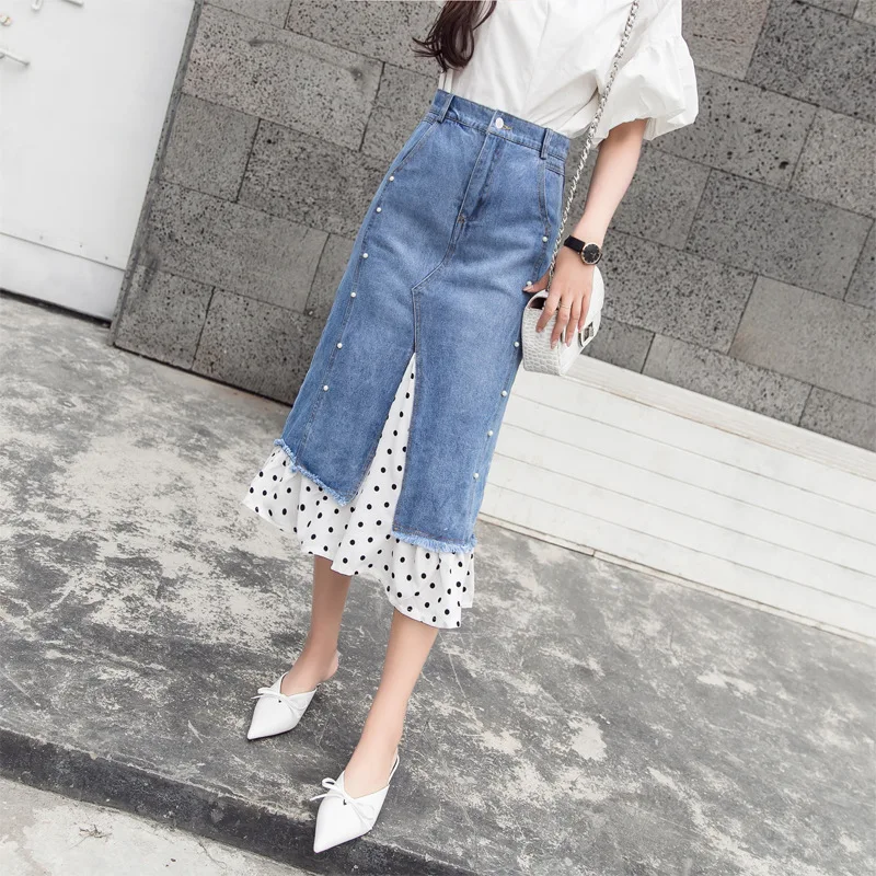 

2019 Spring Summer Fashion Korean Style Women Irregular Denim Skirt Casual Female Polka Dot Ruffles Patchwork Jeans Long Skirt