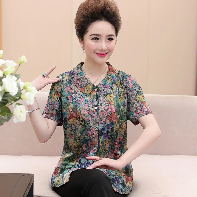 

High Quality Shirt Tops Female Blouse Summer Loose Embroidered Blouse Middle-aged And Old Women Mother's Shirt Plus Size D190627