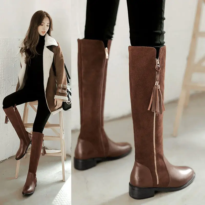 HZXINLIVE 2018 New Woman Boots Genuine Leather Knee High Boots Pointed Toe Womens Winter Boots Square heel Leather Shoes Women Women's Shoes