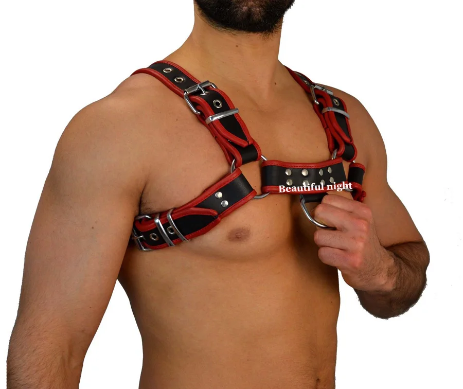 Comprar Lencería de hombre cuero vestuario efecto mojado Clubwear, correa de arnés de cuero rojo y negro, BDSM Bondage Accesorios
