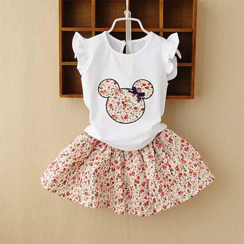 

toddler Summer New Kids Girls Clothing Set Mickey Bear Tops + Floral Dress Girls Suits Set Summer Children Girl Clothes
