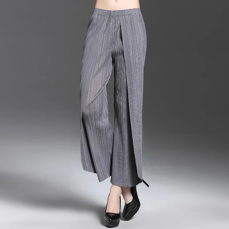 Большие размеры, женские брюки, весна-осень, модные, однотонные, тонкие, стрейч, Miyake, плиссированные прямые брюки, черный, серый, для веса 50-75 кг - Цвет: gray