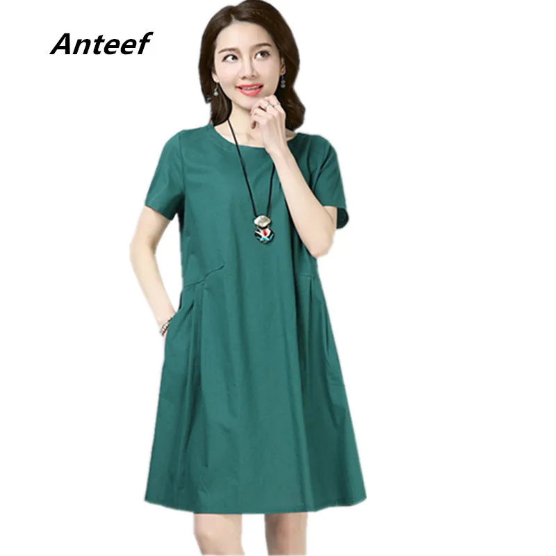 

Anteef cotton linen vintage solid plus size women casual loose midi summer dress elegant vestidos clothes 2019 dresses