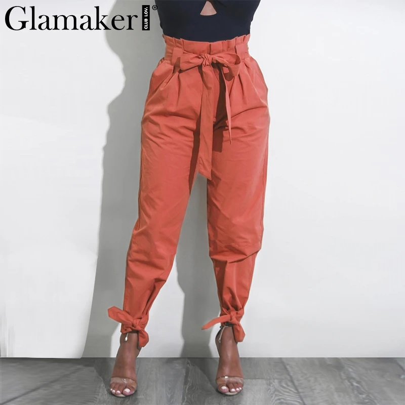 

Glamaker Loose bow ruffle women pants capris Summer high waist trousers women Steetwear fitness female pants lace up bottom 2018