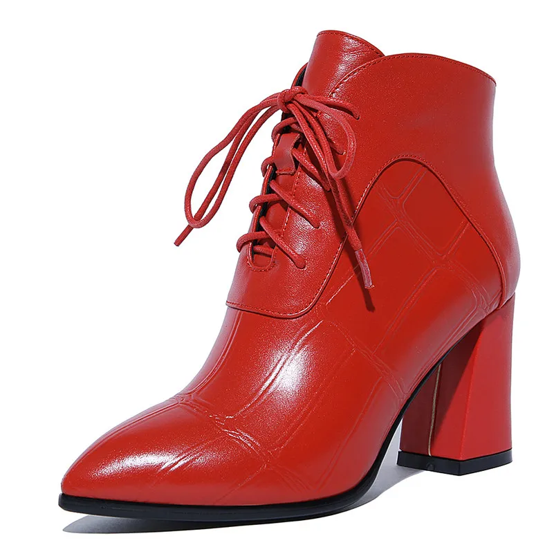 Meotina/Зимние ботильоны; женские полусапожки из натуральной кожи на толстом высоком каблуке; обувь с острым носком; Женская Осенняя обувь красного цвета; Большой размер 42 - Цвет: Red Pigskin Lining