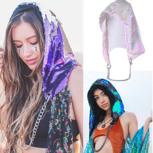 

Women Reversible Mermaid Flip Sequin Rave Festival Spirit Hood Glitter Oversized Hat Baggy Beanie Ski Cap