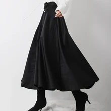 Осень, модная черная однобортная плиссированная длинная юбка макси с высокой талией, женская большая юбка-зонт