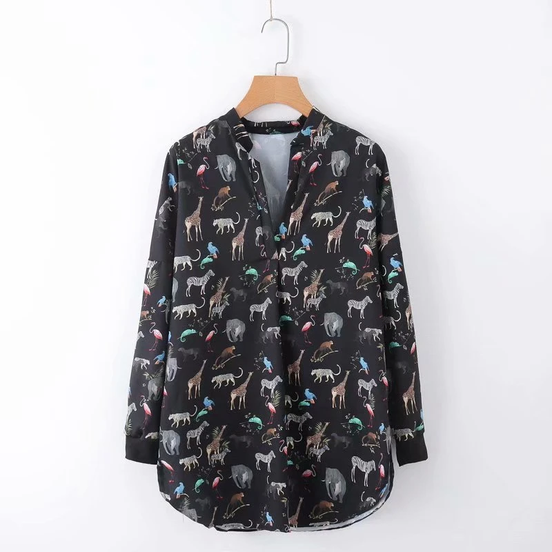 Повседневная Свободная блузка с v-образным вырезом и животным принтом, длинный рукав, черный цвет, весна-осень, женские топы, женские офисные рубашки XZ1850