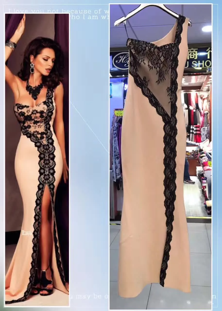 

Elegant Sexy One Shoulder Lace Embellished Party Gown HL Celebrity Maxi Long Bandage Dress