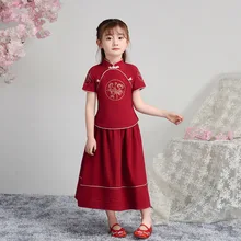 Хлопковые льняные костюмы для девочек из 2 предметов рубашка+ юбка в традиционном китайском стиле, Хан фу, детское платье в стиле ретро детский летний повседневный костюм