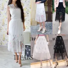 Для женщин летние твердых природных свободные вышитые цветочные юбки Повседневное праздник Юбка из сетчатой ткани