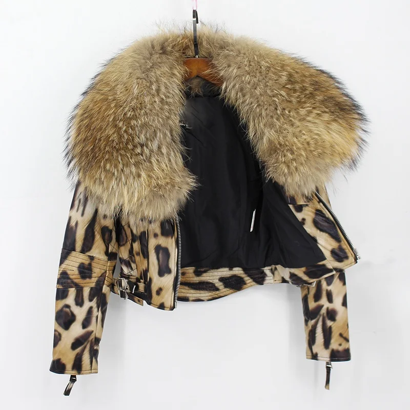 Куртка из натуральной овечьей кожи с большим меховым воротником, леопардовая расцветка, новинка, модная Высококачественная натуральная овчина, зимние короткие пальто