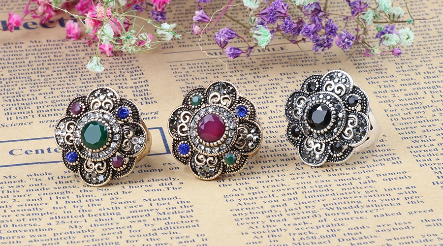 Турецкий античный золотой кристалл цветок кольца для женщин черный камень серебро готическое кольцо винтажные аксессуары богемные ювелирные изделия