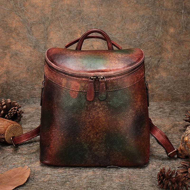 

Leather School Backpack Female 2019 Vintage Genuine Leather Handmade Shoulder Notebook Bag Unisex Bucket Knapsack Multifunction
