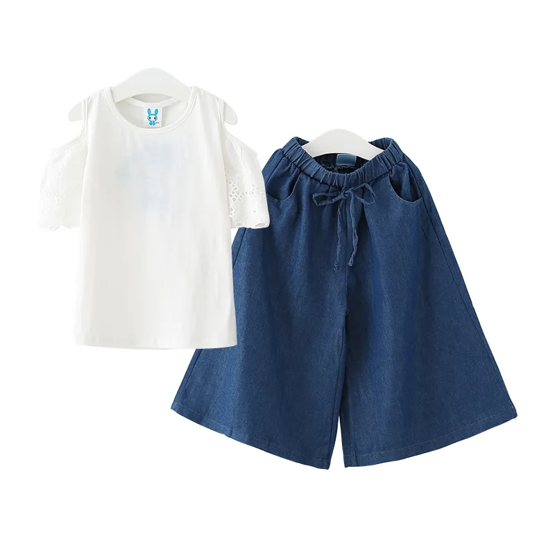 

Girls Clothing Sets 2018 Summer New Girls Fashion Casual Strapless Shirt +Wide Leg Pants Suit Cotton Shirt+ Wide Leg Pants CC697