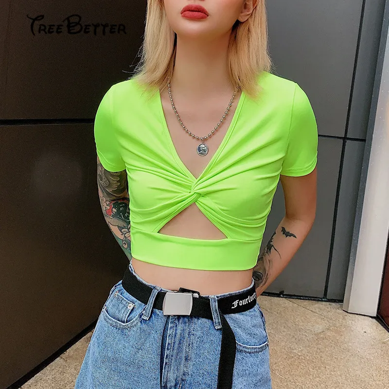 

Neon Green Solid V Neck Hollow Out Short Sleeve T-shirt Women Fashion Slim Streetwear Outfits Casual Tee 2019 Summer Crop Tops