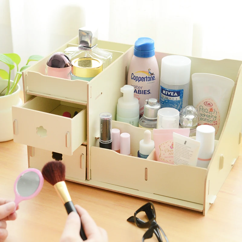 DIY Wooden Storage Box Desk Organizer For Cosmetics Desktop Makeup