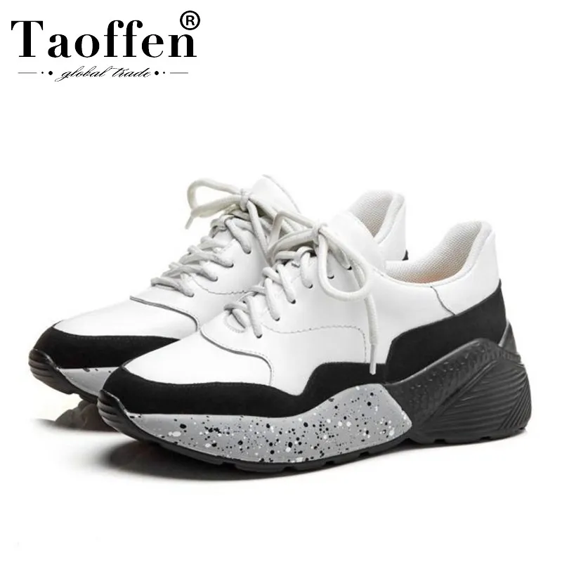 

TAOFFEN Women Sneakers Real Leather Vulcanized Shoes Women Spring Young Lady Jogging Fitness Trainers Wedges Sneaker Size 35-39