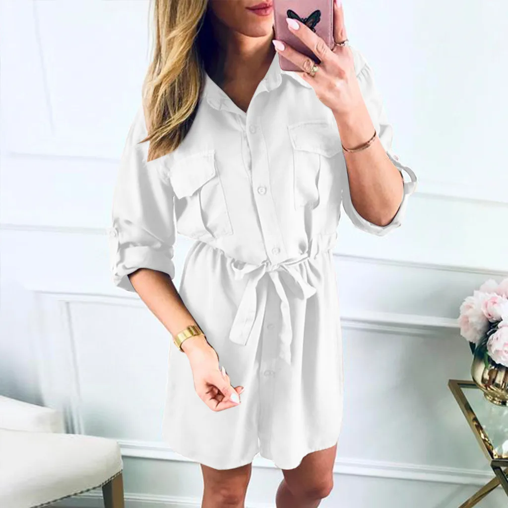 

Feitong Office Autum Womens Dresses Fashion Solid Long Sleeve Loose Sundress Buttoned Turn Down Collar Pocket Bandage Sukienka