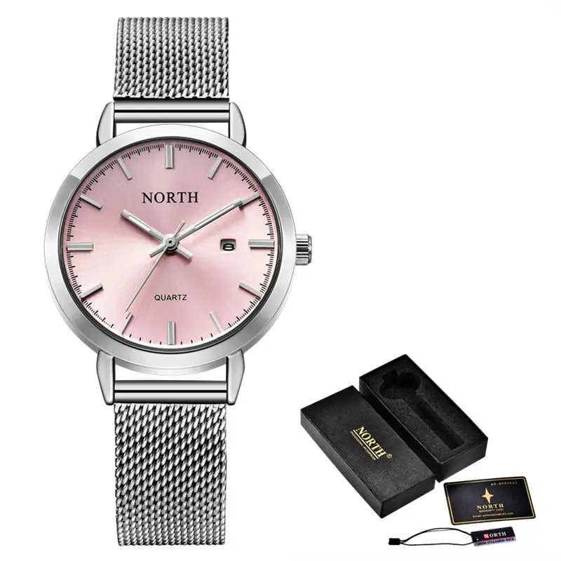 Reloj Mujer NORTH женские часы люксовый бренд золотые кварцевые женские часы Женская мода платье браслет водонепроницаемые часы для жены - Цвет: Pink Box