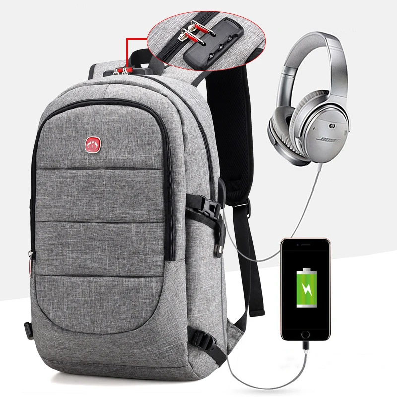 USB Charging Headphone Port Lock Business Waterproof Backpack Oxford