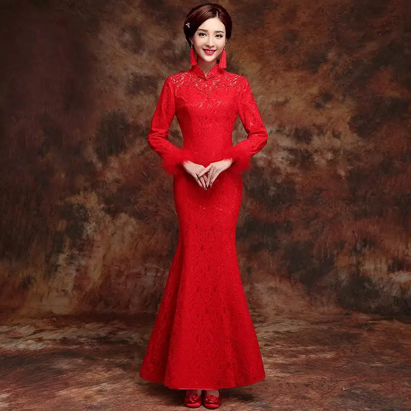 Красное весеннее кружевное с новогодней елкой, бумажный женский элегантный тонкий Qipao вечерние платья сексуальное длинное платье Vestidos Размер s-xxl - Цвет: Красный