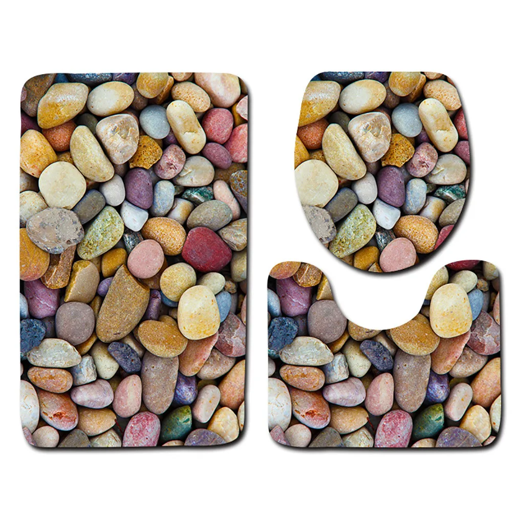 

3pcs Carpet Set Bathroom 3D Stone Printing Non-Slip Bath Mat Bathroom Kitchen Carpet Doormats Decor Toilet Seat Tank Cover Rug
