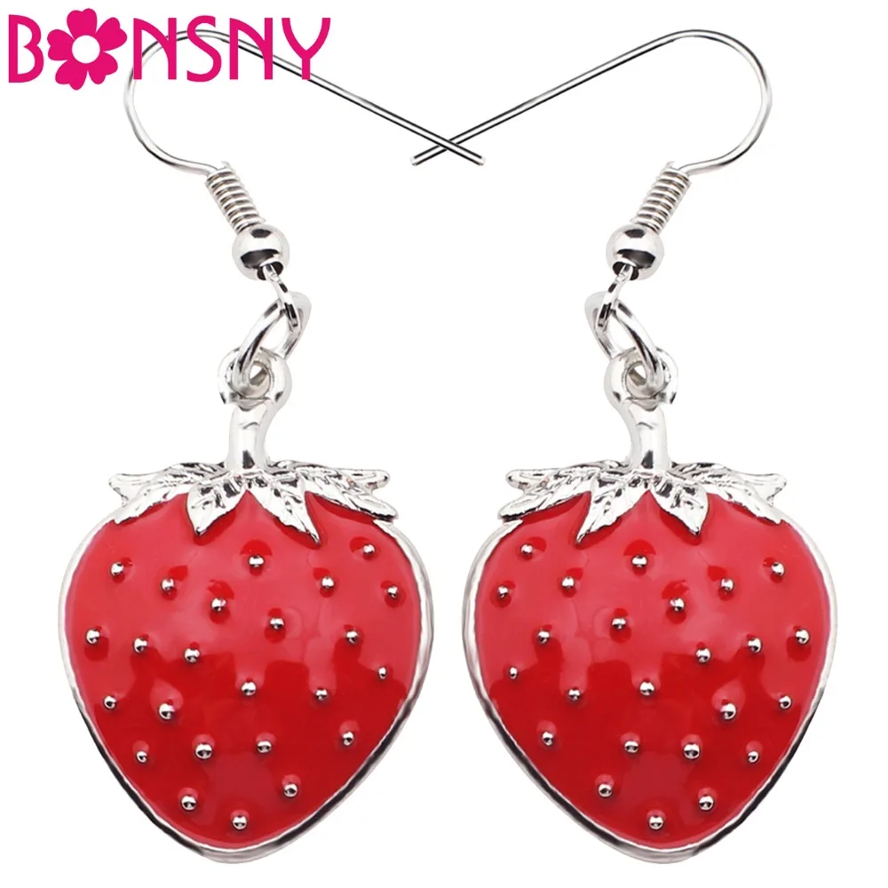 Bonsny Enamel Alloy Cute Strawberry Earrings Dangle Drop Big Long