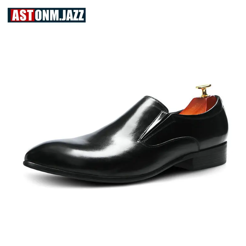 

New Spring Summer Man Slip On Leather Shoes Full Grain Leather Pointed Toe Oxfords Formal Dress Wedding Shoes