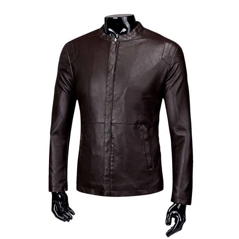 Мужская мотоциклетная куртка, зимняя мотоциклетная Черная куртка из искусственной кожи, Мужская Коричневая байкерская куртка, Мужская однотонная тонкая ветровка из флиса - Цвет: Brown