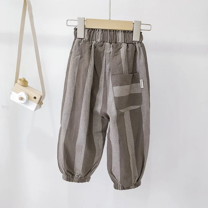 Весенне-летние штаны-шаровары в полоску из хлопка и льна для мальчиков; милые свободные шаровары; детские брюки - Цвет: dark gray
