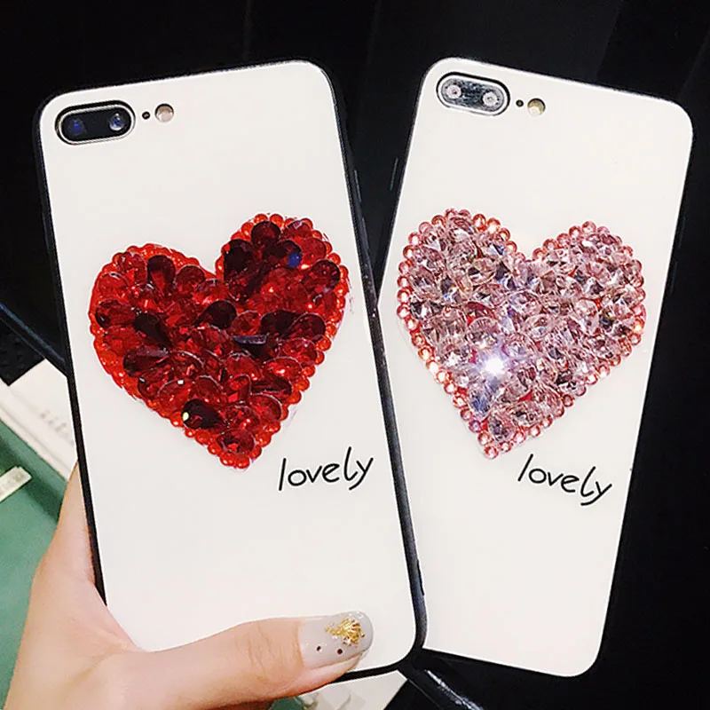 

empered Glass Case Glitter Rhinestone Love Heart cover case for iphone 6 6S plus 7 7plus 8 8plus X XS XR Max luxury phone couqe