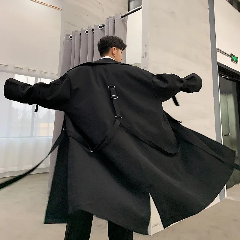 

2019 New Men High Street Punk Hip Hop Ribbon Loose Long Trench Coat Male Streetwear Fashion Windbreaker Jacket Spring Autumn