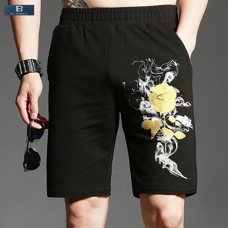

[EL BARCO] New Arrival High Quality Cotton Floral Print Men Summer Casual Shorts Straight Pocket Breathable Black Male Trousers