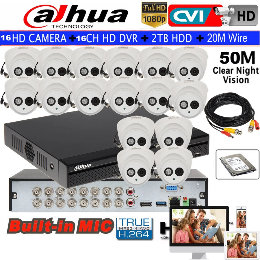  DAHUA 1080 P CCTV CVI cámara domo impermeable cámara incorporada Mic HAC-HDW1200E-A 16CH HCVR5116HS