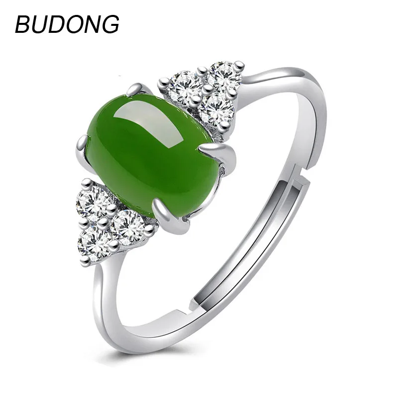 

BUDONG Adjustable Oval Natural Nephrite Jade Jasper Band Fine Jewelry for Women Triangle Certificated 925 Sterling Silver Ring