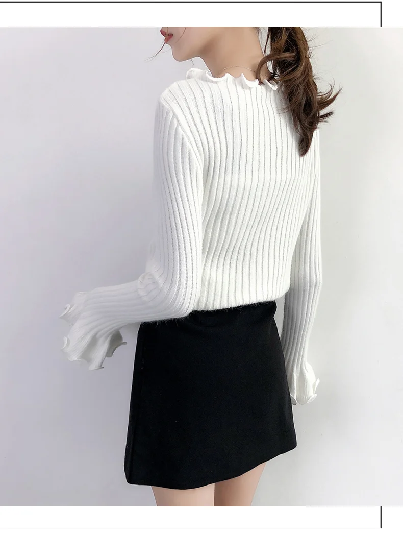 Wysokiej jakości jesień zima sweter kobiety swetry moda damska solidna Ruffles pełna Flare rękawem swetry z długim rękawem dla kobiet 2018 -