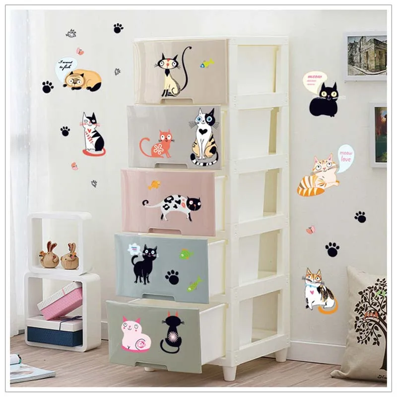 Cartoon Cat Vinyl Kitchen Wall Stickers Wallpaper Animal Family Living Room Sofa Wall Decoration Poster Home Decor