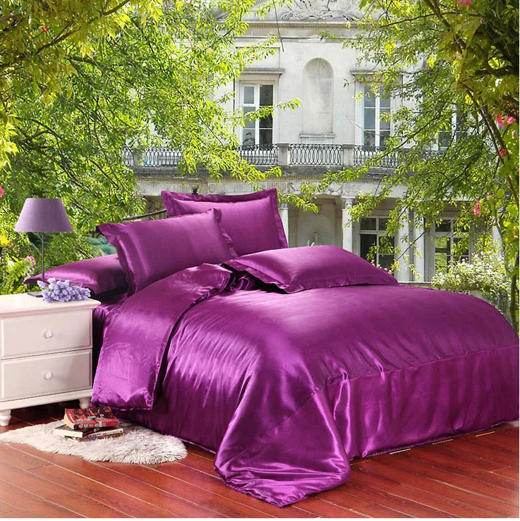 Purple silk bedding set 2 sides silk bed set silk bed sheet pillow cases bed comforter cover