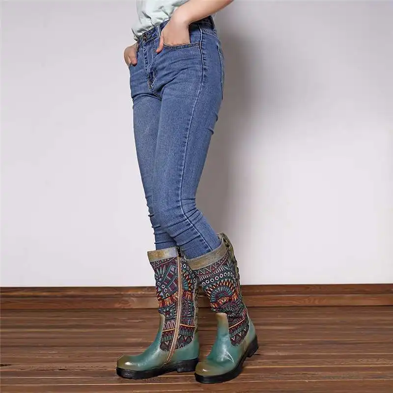 Socofy/Женские ботинки в стиле ретро, в богемном стиле ковбойские ботинки до середины икры из овечьей кожи женская обувь новые женские ботинки на шнуровке сзади